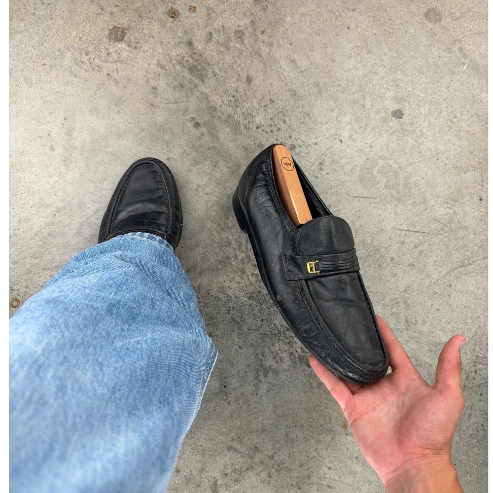 Vintage Florsheim Comfortech Mens Black Leather Loafers Gold Hardware 11 D Milan